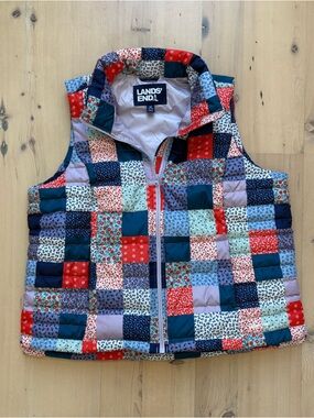 Lands' End Patchwork Print Quilted Down Puffer Vest - XL